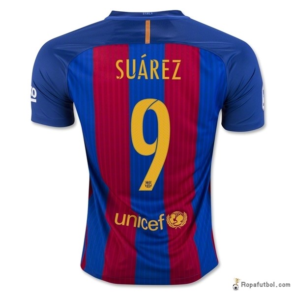 Camiseta Barcelona Replica Primera Ropa Suarez 2016/17 Azul